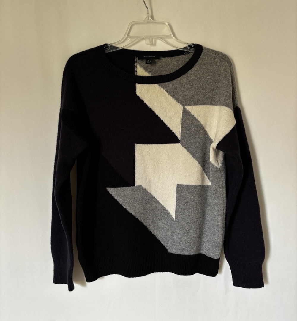 Ann Taylor Sweater Large Womens Wool Cashmere Black White Geometric